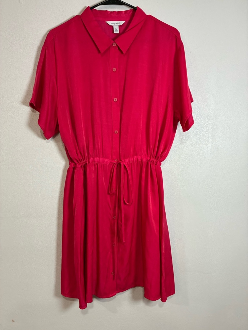 Nine West Fushia Button-Up Drawstring Cinched Waist Shirt Dress
